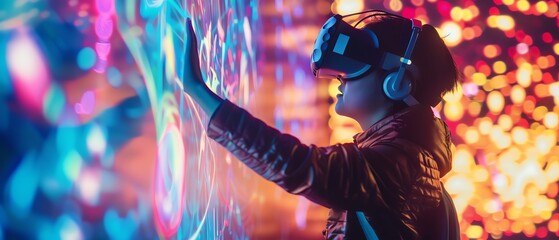 Holographic displays, immersive visuals, advanced 3D tech, vibrant colors