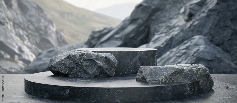 Poster enhance your product display with a podium background featuring natural stones and ample copy space 