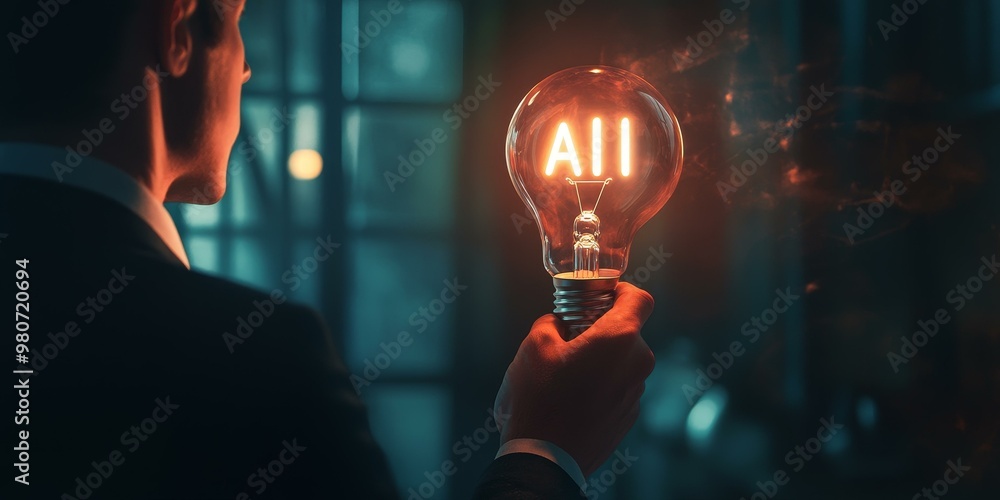 Poster man holds glowing lightbulb with 