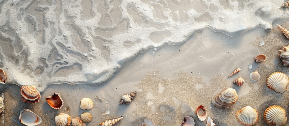 Poster aerial perspective of shore with various seashells scattered on the sand representing a summer theme