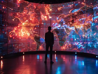 Holographic displays, interactive 3D visuals, modern tech, glowing accents