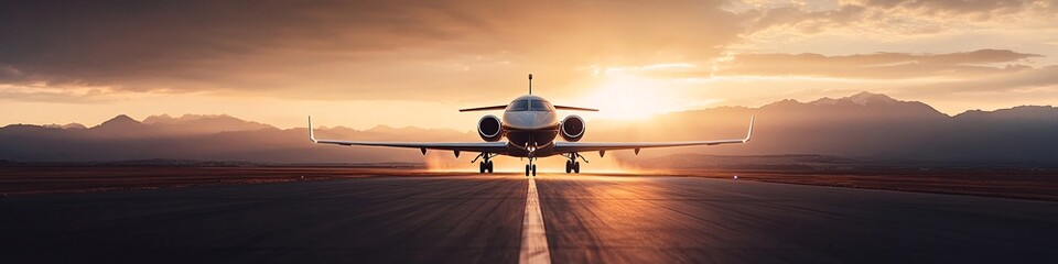 Obraz premium luxury private jet on runway at sunset