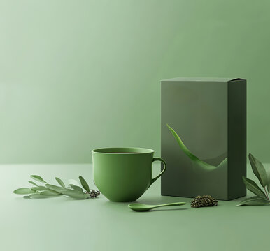 mockup of tea box with green cup and spoon, packaging design for brand