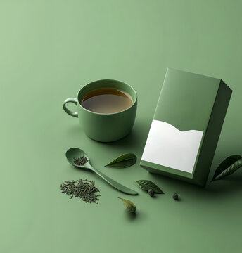 mockup of tea box with green cup and spoon, packaging design for brand