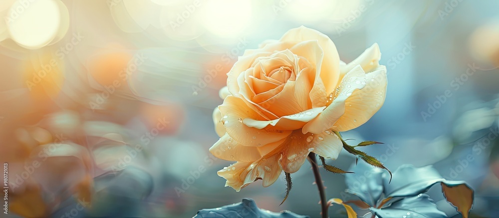 Poster a yellow rose displayed with a blurred backdrop creating a serene copy space image