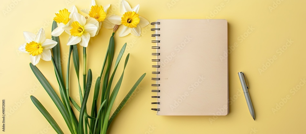Poster spring narcissus are displayed on a light yellow background next to a blank notebook symbolizing eas
