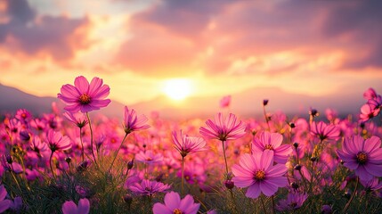 Beautiful and amazing of cosmos flower field landscape in sunset