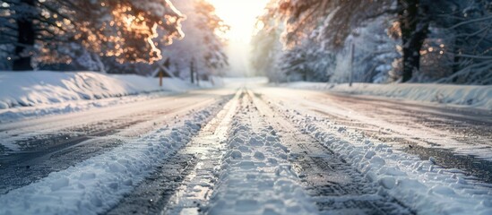 A road covered in snow with visible wheel imprints ideal for adding text or graphics known as a copy space image