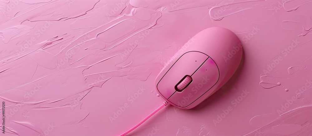 Poster close up view of a wired mouse with a mousepad on a pink backdrop with copy space image available