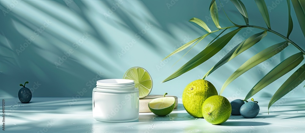 Poster jars with natural cosmetics lime and olives against a blue backdrop with room for text or graphics i