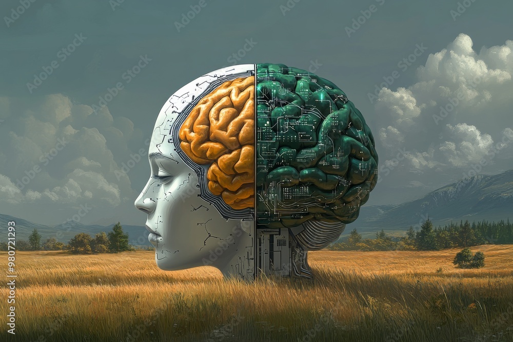 Poster digital brain sculpture merging human and nature representing the balance of organic cognition and a