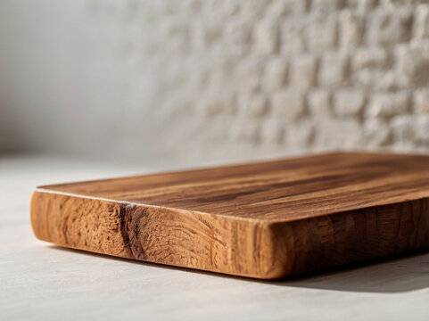 Close-up rectangular wooden plate with blur white background for foods mock up, display background, product presentation.
