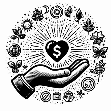 Hand Holding Heart Dollar Icon with Many Objects. Charity Logo Background Ideas Vector