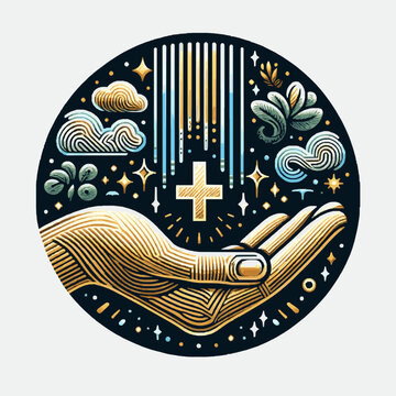 Hand Holding Cross With Star and Cloud. Charity Logo Background Ideas. Vector Design