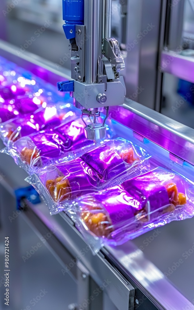 Poster factory setting with automated packaging machine sealing prepared meals, cutting-edge technology in 