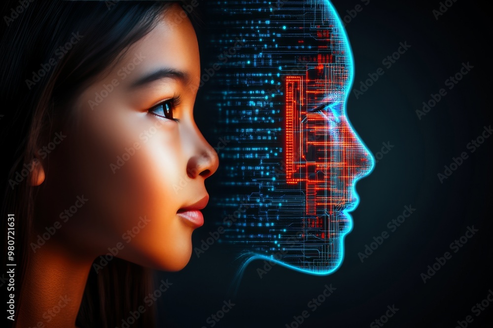 Poster female profile with glowing circuits representing human ai interaction and digital brain connectivit