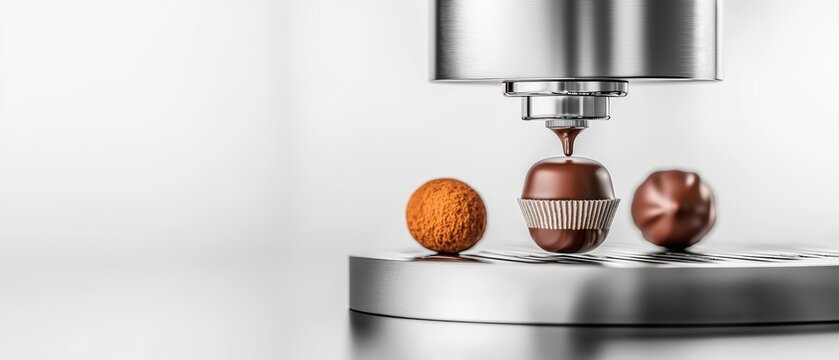 Advanced machine producing artisanal chocolates, stainless steel kitchen, 3D rendering, precision and elegance, smooth texture, isolated on white background