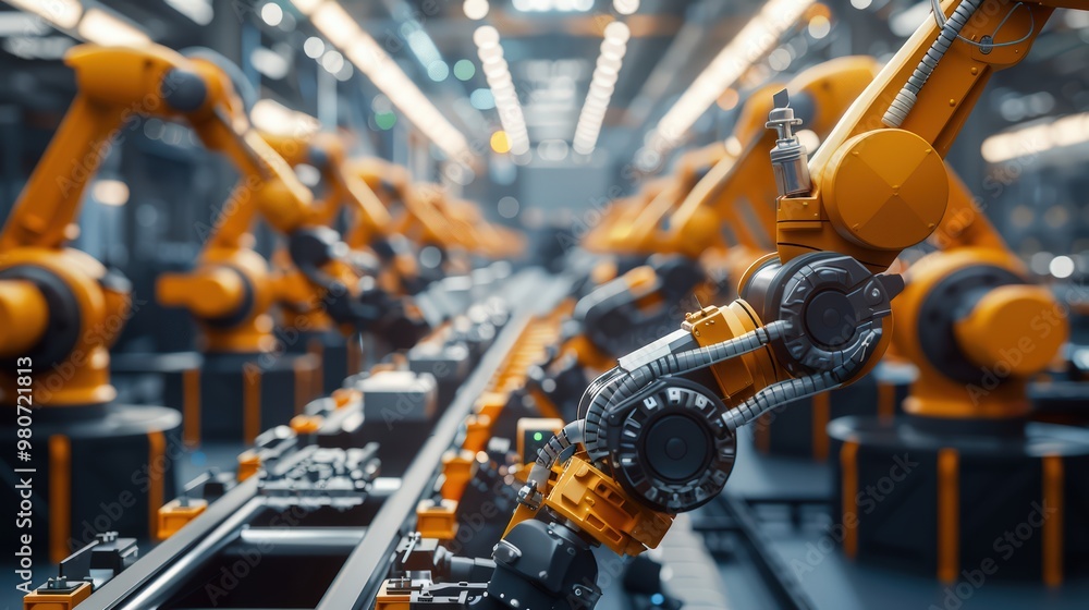 Poster robotic arms working on an assembly line in a factory. concept of artificial intelligence for indust