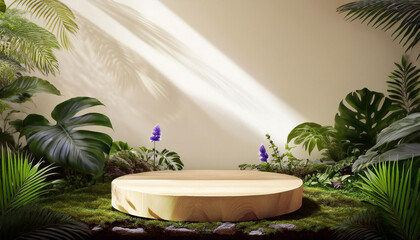 Obraz premium Circle wooden plinth in tropical forest for product presentation and cream color background