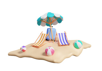 Fototapeta premium Summer holiday suitcase trip leisure touring beach chair and umbrella with ball colorful isolated on transparent background. vacation planning outdoor travel. banner. 3d rendering illustration