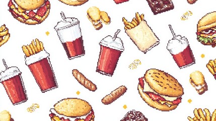 Pixel Art Fast Food Vector Set with Burger,pizza,Soda,Ice Cream,Hot Dog,8 bit Retro Style Food Icons and Other Favorite Junk Food,Food menu,8-bit sprite,Game development,Food menu.