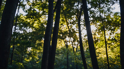 Fototapeta premium Eye level angle view of blur forest background with sunlight shining among trees- Seasonal design, background, banner & wallpaper