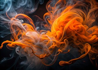 Fototapeta premium Vibrant orange tendrils swirl amidst dark black mist, creating a mesmerizing abstract smoke background with a dynamic, high-energy, futuristic aesthetic perfect for digital designs.
