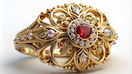 Exquisite ornate gold filigree ring features intricate ornamental details, adorned with sparkling gems, showcasing exceptional craftsmanship and opulent luxury in high-end jewelry design.