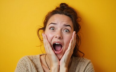 Young american woman shocked facial expression, on a yellow background