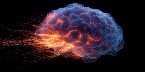 A glowing blue brain with orange sparks.