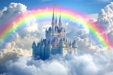 Naklejka premium Majestic castle with multiple spires floating above the clouds with a vibrant rainbow arching over it, evoking a sense of fantasy and wonder