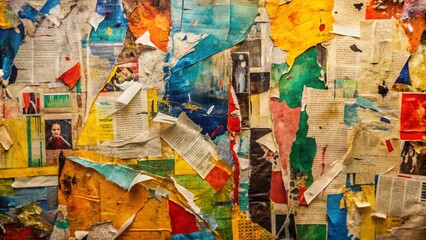 Fototapeta premium Vibrant abstract backdrop features a torn and worn collage of distressed newspaper and magazine clippings on a textured, grungy, and colorful background.