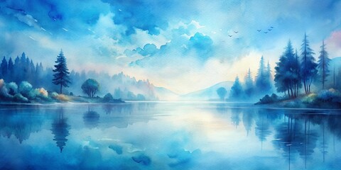 Fototapeta premium Dreamy ethereal blue watercolor landscape merges soft watery hues, evoking a sense of serenity and calmness in an abstract, artistic, and peaceful visual escape.