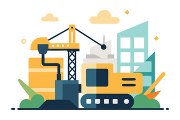 Construction with building crane and excavator illustration
