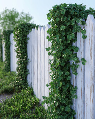 Naklejka premium Lush green ivy gracefully climbs a white picket fence, adding charm and vibrancy to the outdoor scene.