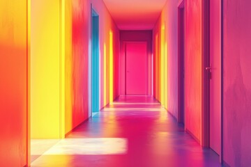 Vibrant multicolored hallway with bright rainbow like lighting