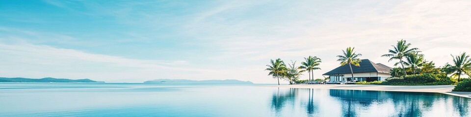Fototapeta premium tropical beachfront villa with palm trees and serene ocean