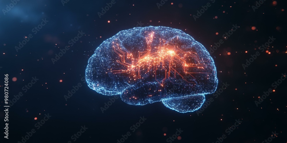 Poster digital brain with glowing circuits.