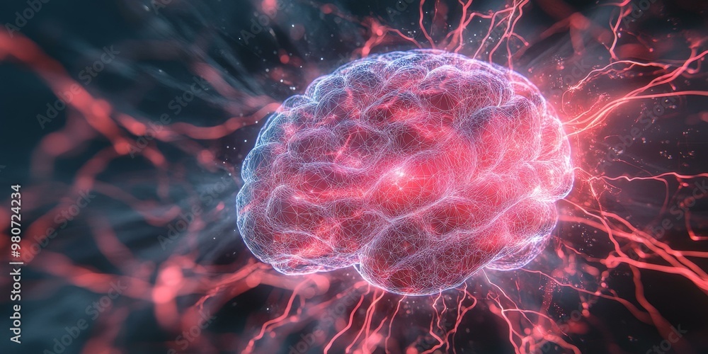 Poster glowing red brain with a network of lines.