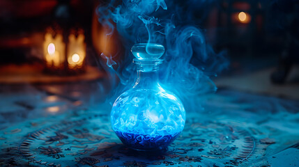 Lamp of wishes magic light blue smoke coming out of the bottle