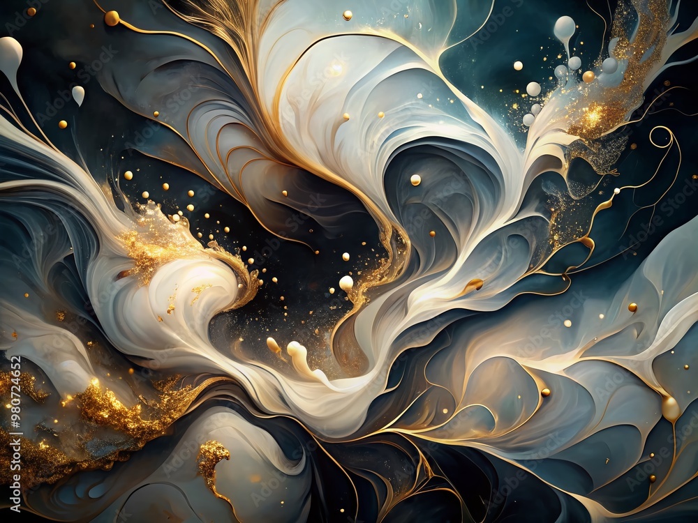 Poster elegant abstract design featuring swirling white and gold alcohol ink patterns on a dark background,