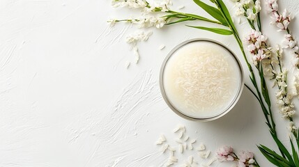 Composition with healthy rice water on white background