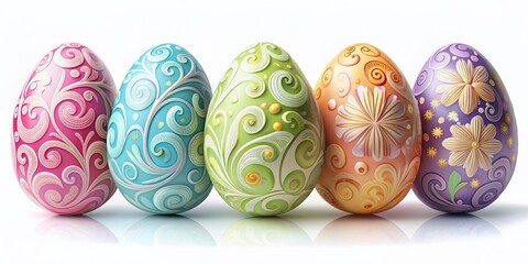 Fototapeta premium Vibrant pastel colored Easter eggs, intricately decorated with swirls and shapes, sit elegantly in a row on a transparent background, evoking springtime joy and festive celebrations.