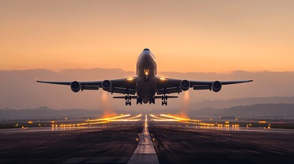 airplane taking off at sunset
