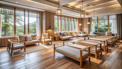 30, surrounded by natural light, wooden accents, and subtle shadows, evoking a sense of calm and tranquility.