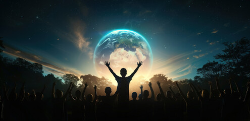 A diverse group of people holding hands around a glowing Earth hologram, with nature and trees in the background. Concept of global unity in the mission to protect the planet.