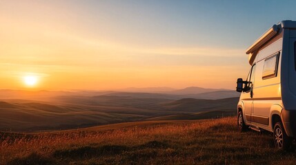 Fototapeta premium camper van at sunset over mountain landscape