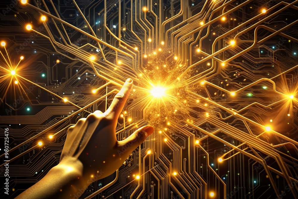 Poster golden circuitry unfurls with luminous threads, weaving a tapestry of futuristic innovation, as intr