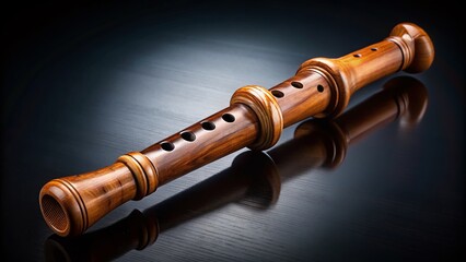 Naklejka premium A beautifully crafted, intricately detailed, wooden recorder instrument lies solo on a velvety dark background,
