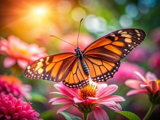 Fototapeta premium Delicate orange and black butterfly perched on vibrant pink flower petals, softly focused background highlighting intricate details of fluttering wings and gentle morning light.